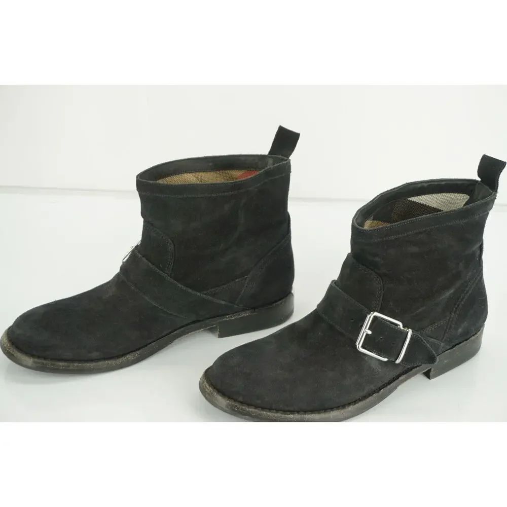 Burberry Black Suede Motor Biker Short Ankle Boots Size 35 House Check